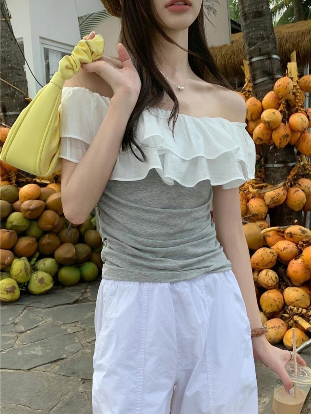 T925 WAFFLE OFFSHOULDER TOP