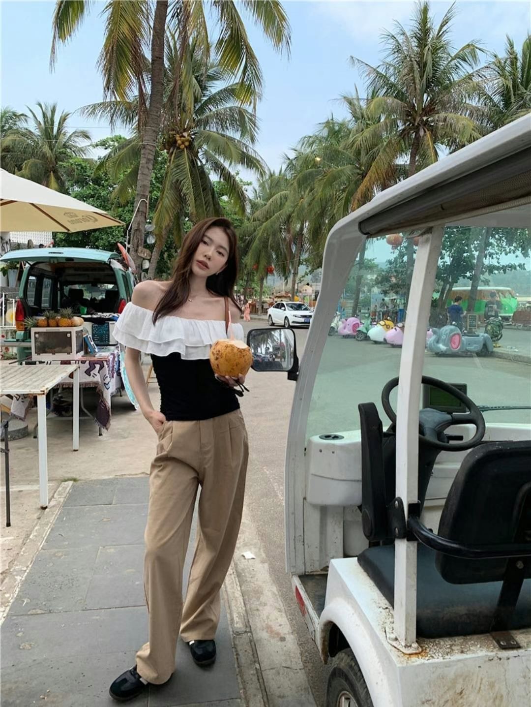 T925 WAFFLE OFFSHOULDER TOP