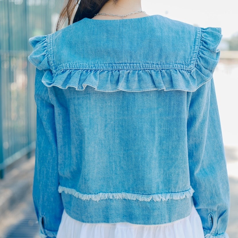 T718 RUFFLE DENIM BLOUSE