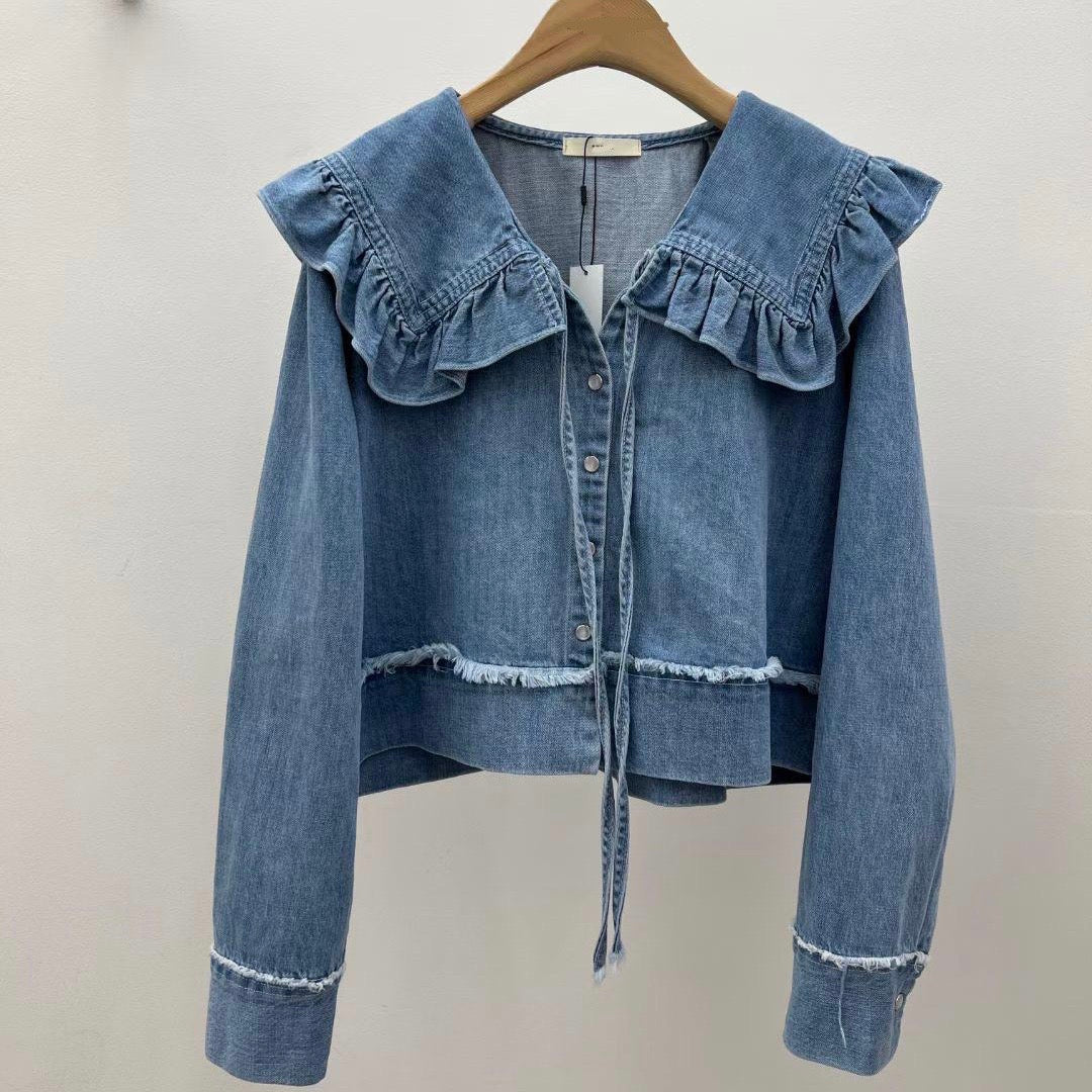 T718 RUFFLE DENIM BLOUSE