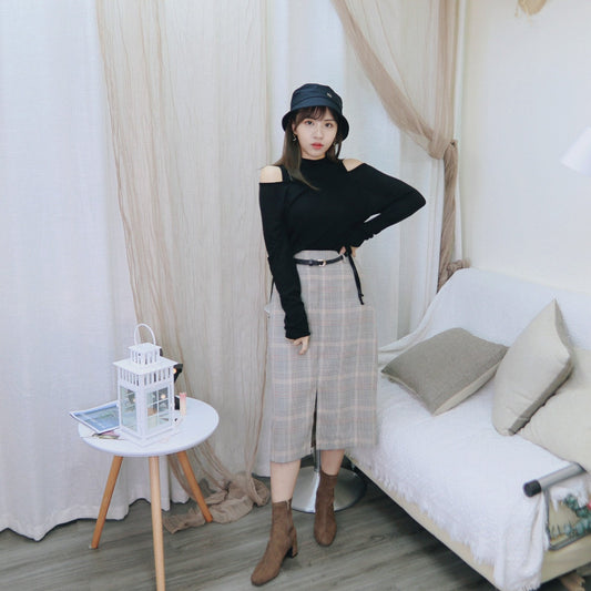 B123 FOLLOW CHECKED SKIRT (WITH BELT) - Letta A