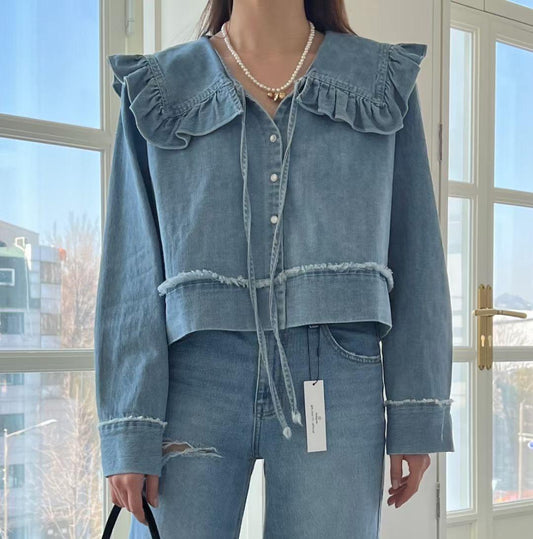 T718 RUFFLE DENIM BLOUSE