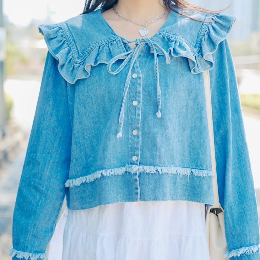 T718 RUFFLE DENIM BLOUSE